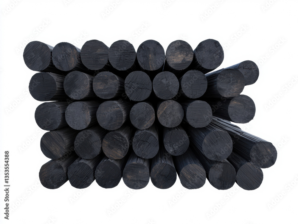A stacked arrangement of cylindrical black objects, likely wooden dowels or rods, displayed in a structured formation against a white background. , Isolate white background A stacked arrangement of cylindrical black objects, likely wooden dowels or rods, displayed in a structured formation against a white background. , Isolate white background