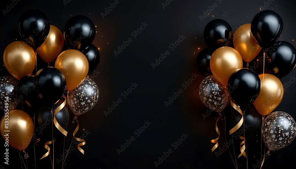Naklejka premium Elegant Celebration Black and Gold Balloons on Dark Background for Party