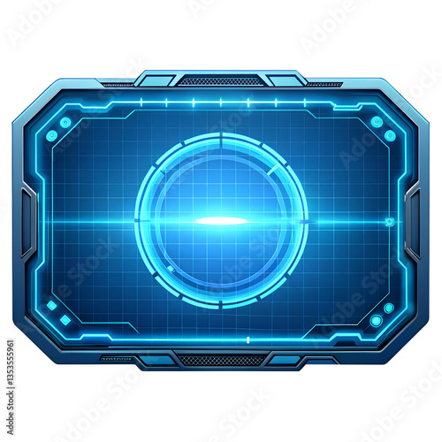 Futuristic Blue Digital Interface Screen Display with Glowing Neon Lights and Grid Pattern isolated on white or transparent background