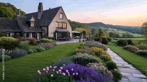 Fototapeta Naklejka Na Ścianę i Meble -  Luxurious Cotswolds Country House with manicured gardens at sunset