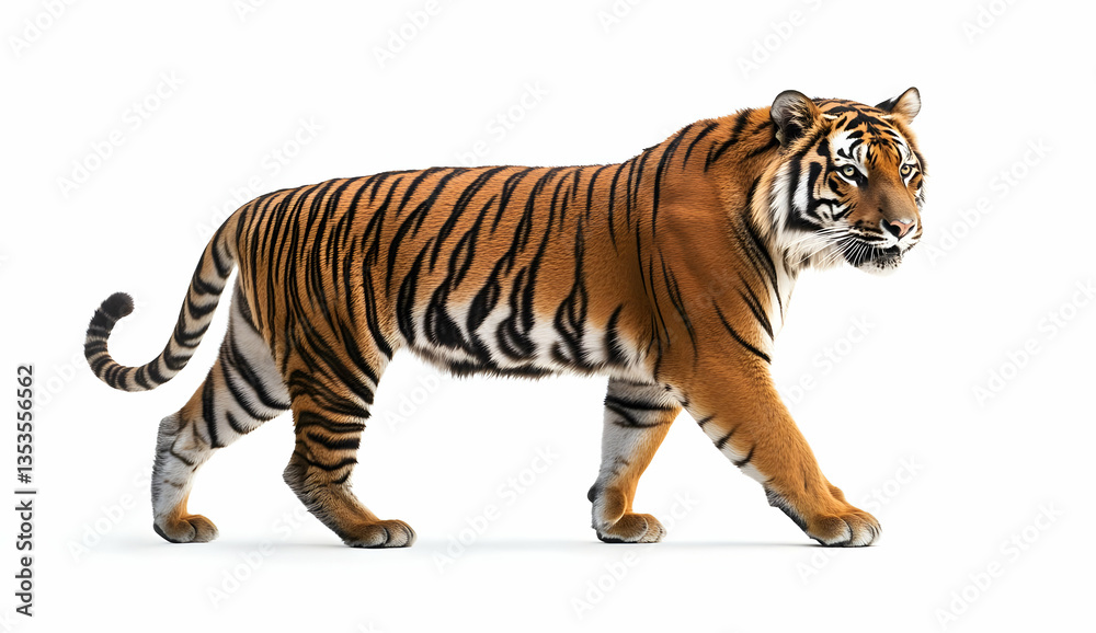 Obraz premium Adult Tiger Walking in Profile from Side View on White Background