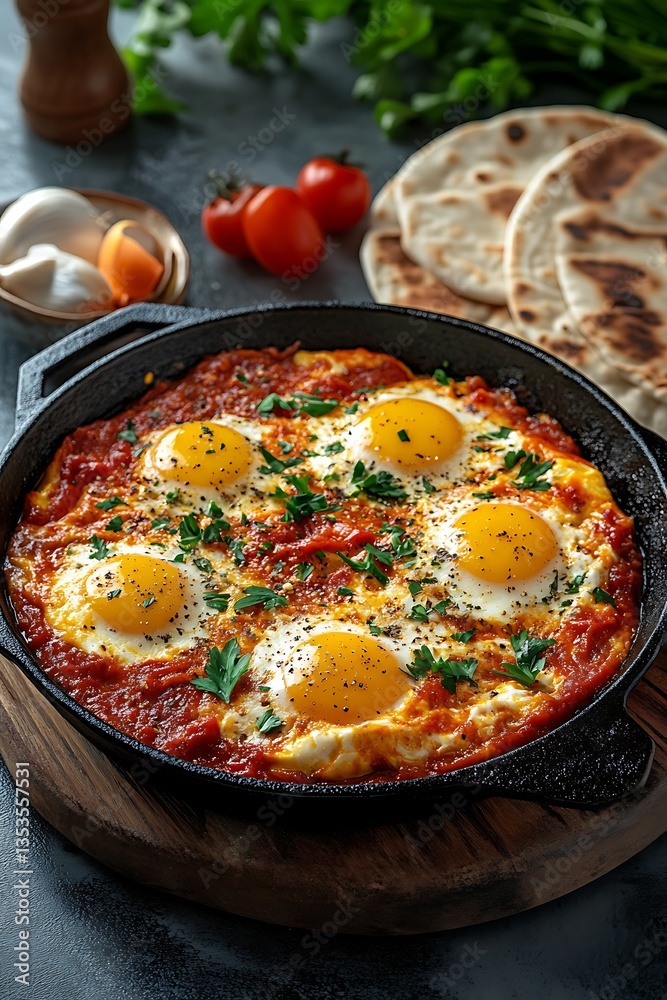 A skillet of eggs cooked in tomato sauce and vegetables A skillet of eggs cooked in tomato sauce and vegetables