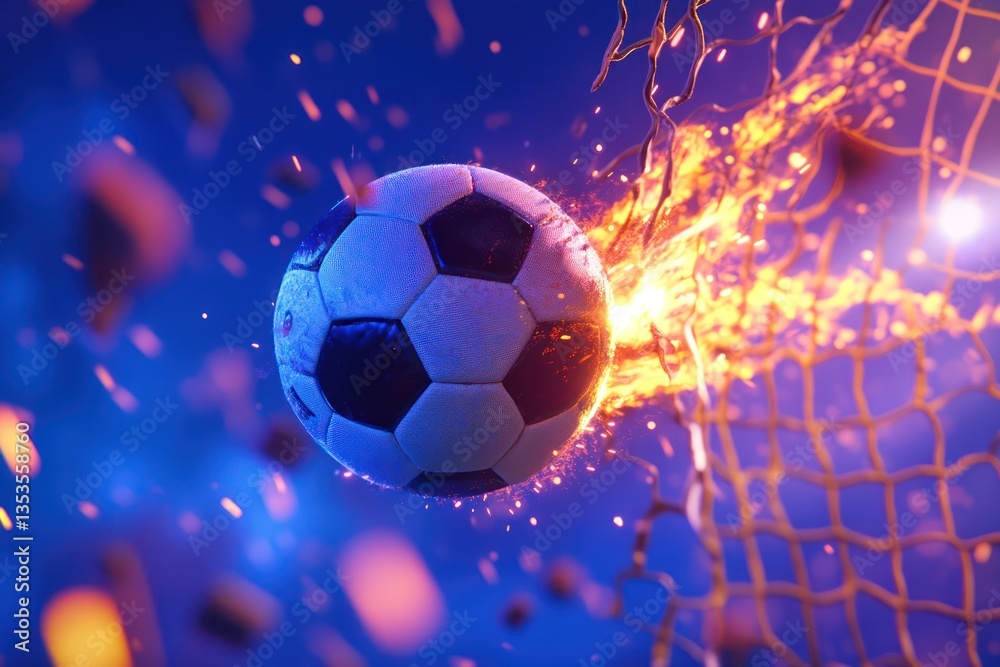 Naklejka premium Burning soccer ball exploding through net