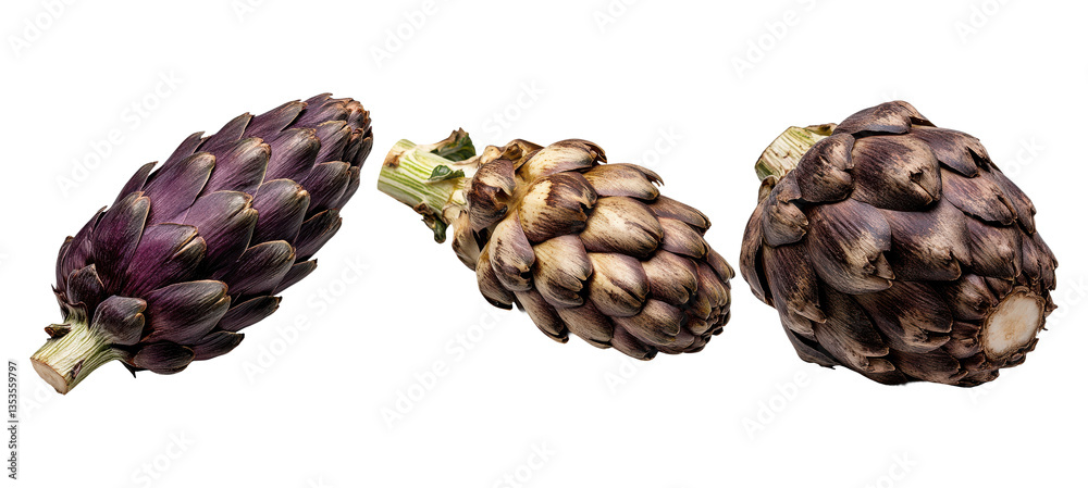 Assorted Raw Artichokes Isolated on PNG Assorted Raw Artichokes Isolated on PNG