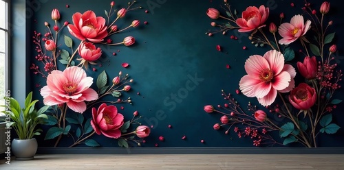 Moody floral mural with dark blossoming flowers on the wall, design, blossom, floral