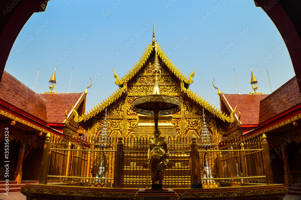 Fototapeta premium Pagoda and Chapel, Lanna Architecture, Symbols of Buddhism, South East Asia at Wat Khong Khao, Hang dong District Chiang Mai, Northern Thailand