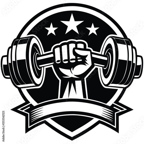 illustration of a rough strong clenched hand fist holding lifting a barbell or dumbbell. weight lifting gym fitness sport club vintage retro emblem badge label logo design