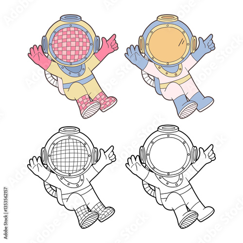 Groovy Diver in Vintage Diving Suit Collection Doodle Hand Drawn Color and Outline Design Vector