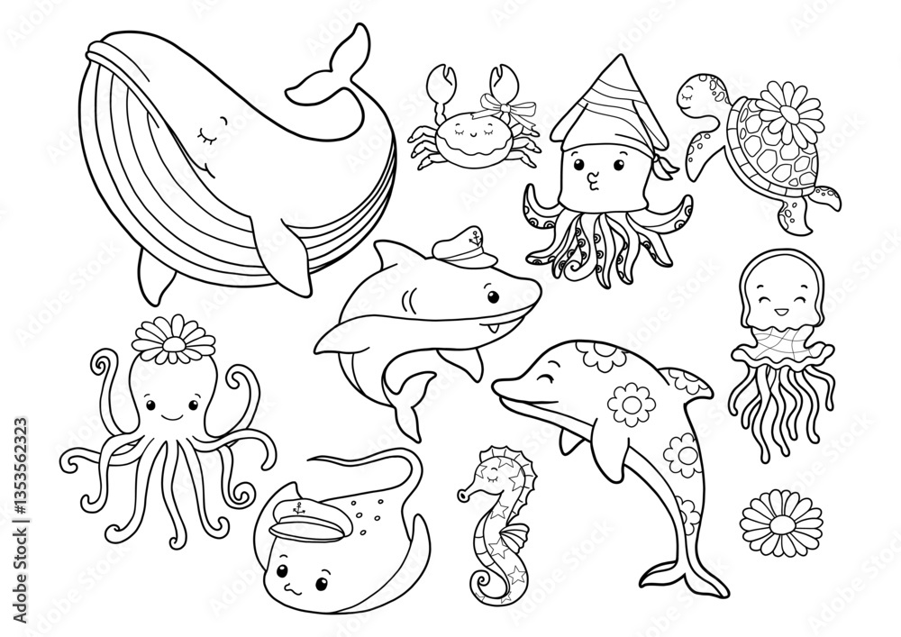 Obraz premium Set of Groovy Sea Animal Collection Vector, Hand Drawn Octopus Squid Whale Stingray Seahorse Jellyfish Dolphin Turtle Shark Outline Coloring Page or Book Animals for Kids.