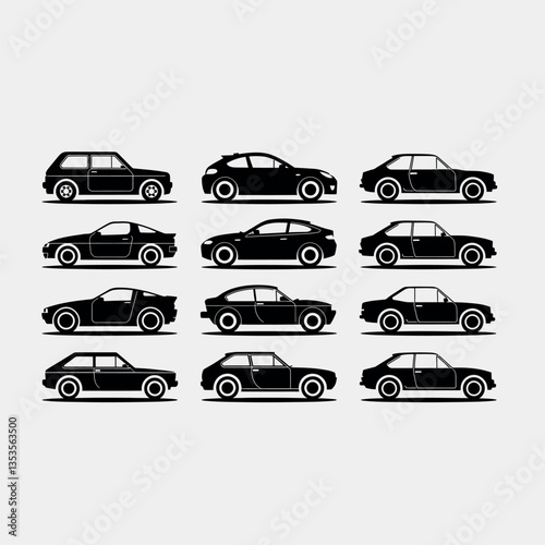 Silhouettes of various car models, side view, black and white, minimalist design, automotive illustration, 
