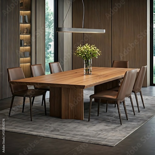 Wooden dining table and wooden chairs in the room.