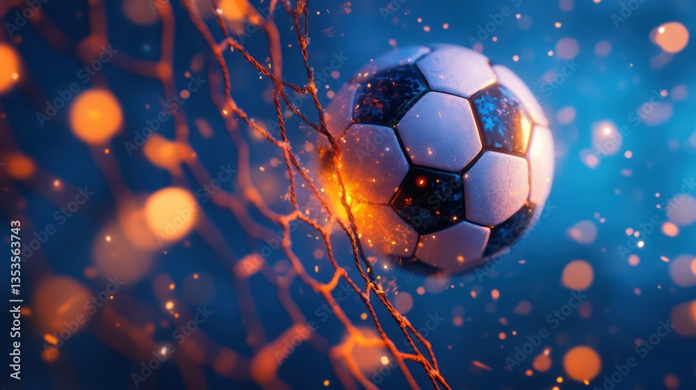 Fototapeta premium Fiery soccer goal, night, sparks