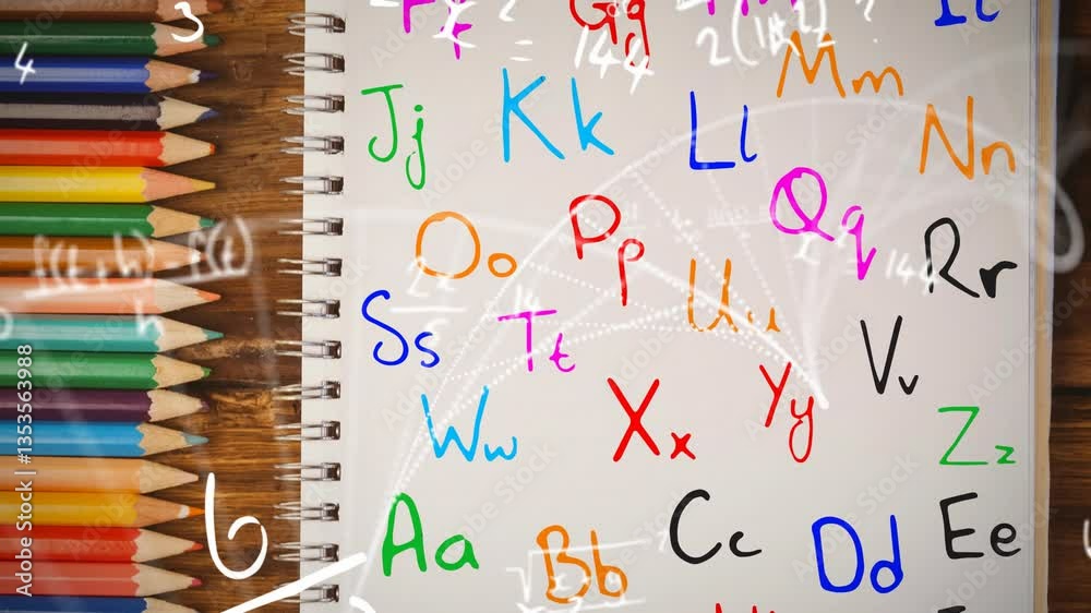 In school, colorful alphabet letters overlaying notebook with mathematical equations animation