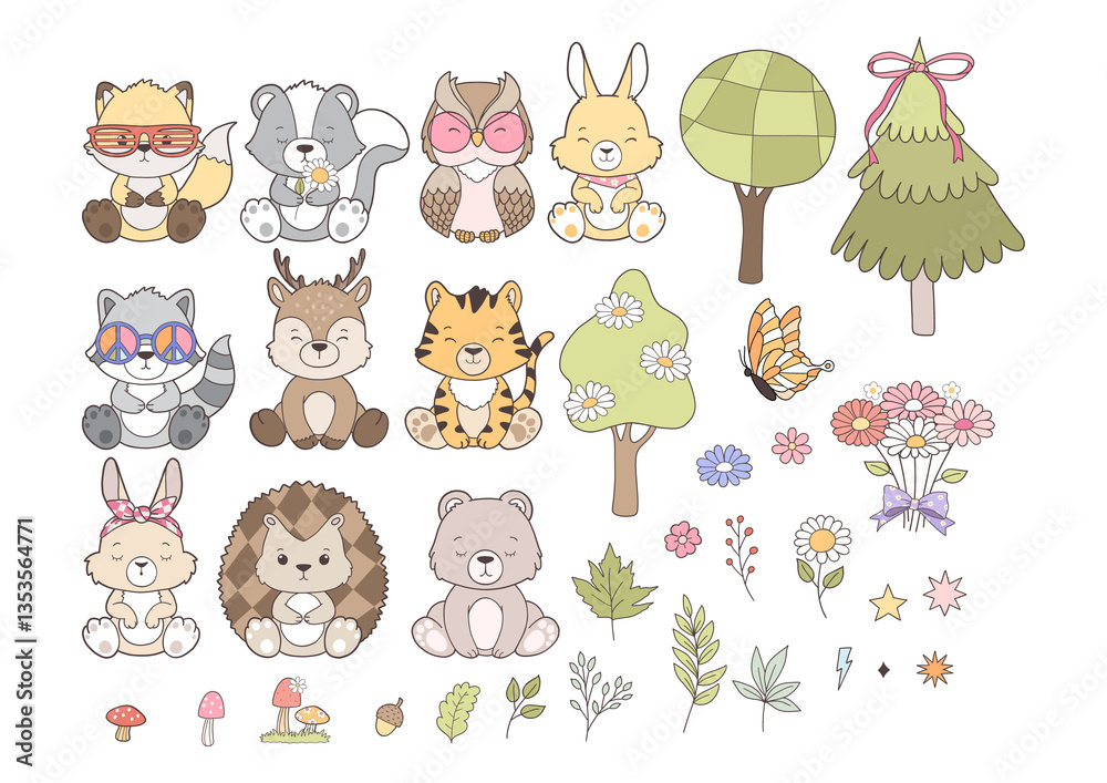 Obraz premium Set of Groovy Woodland Animal Collection Vector, Hand Drawn Bear Rabbit Skunk Racoon Squirrel Fox Bear Deer Hedgehog Owl and Tiger Design.