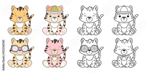 Set of Groovy Woodland Animal Collection Vector, Hand Drawn Tiger Color and Outline Coloring Page for Book Animals for Kids.