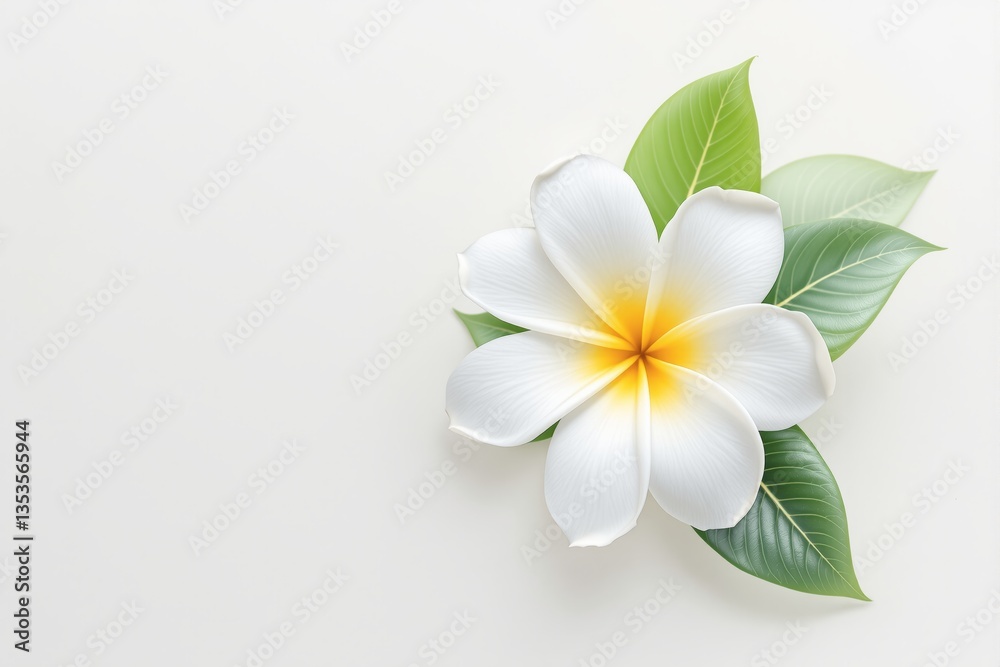 Fototapeta premium White and yellow plumeria flower with green leaves on light background.