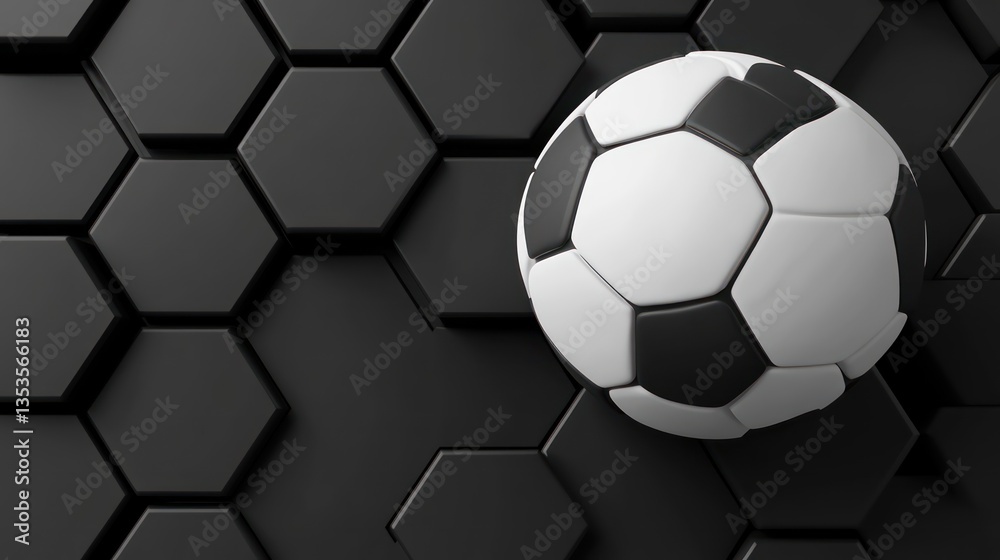 Fototapeta premium Soccer ball on hexagonal dark background