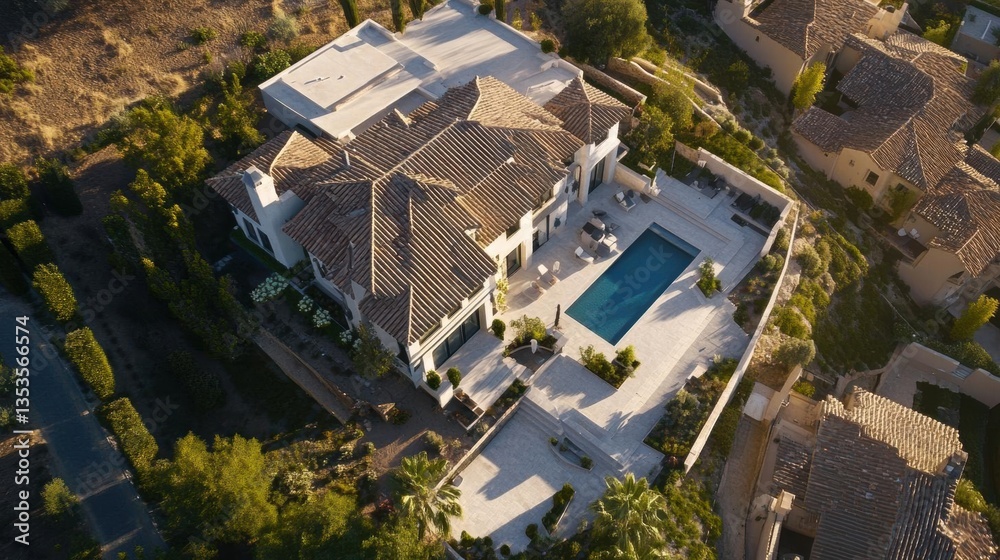Fototapeta premium Luxury Home Shows Tile Roof, Pool, and Landscaping. Dream House with Architectural Design Theme.
