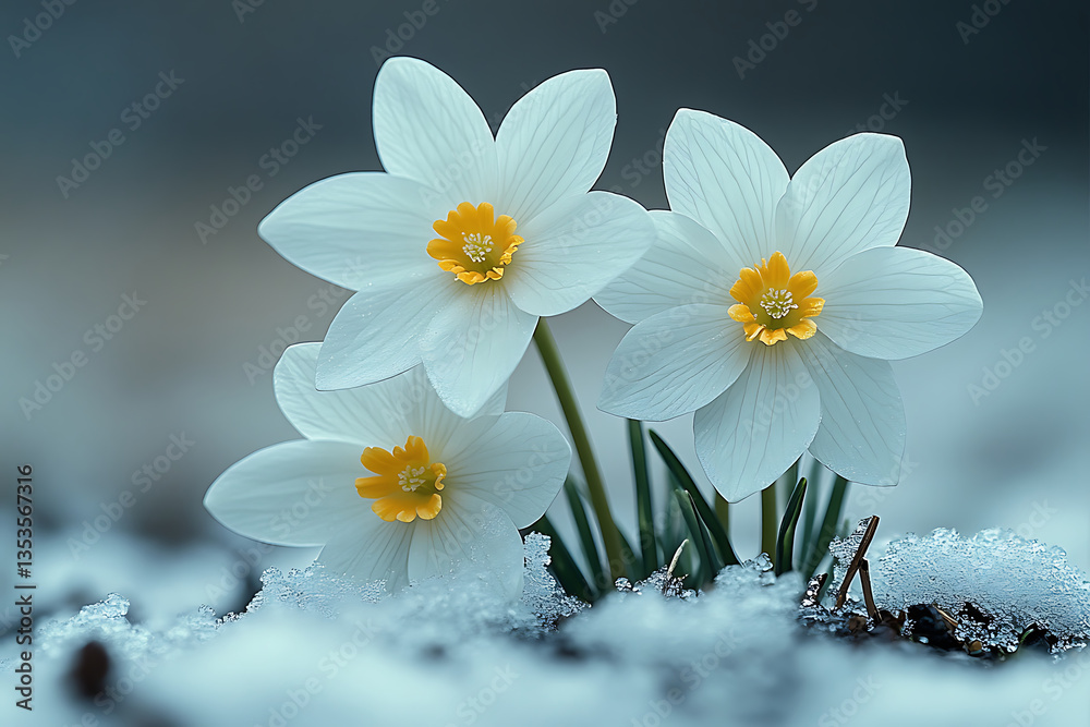 Obraz premium White Daffodils with Yellow Centers Blooming Through Light Snow