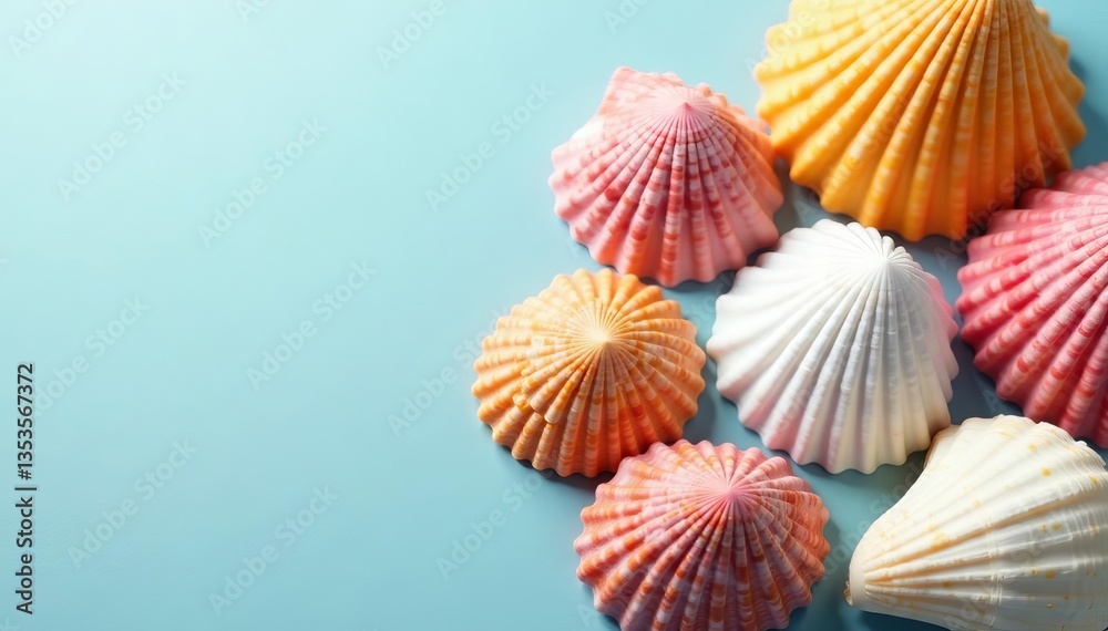 Group of colorful seashells on clear background, shellfish, naturalistic, underwater