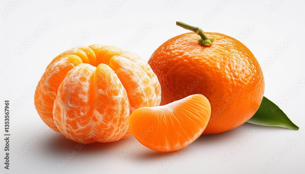 one whole half and peeled piece of tangerine mandarin or clementine on white background one whole half and peeled piece of tangerine mandarin or clementine on white background