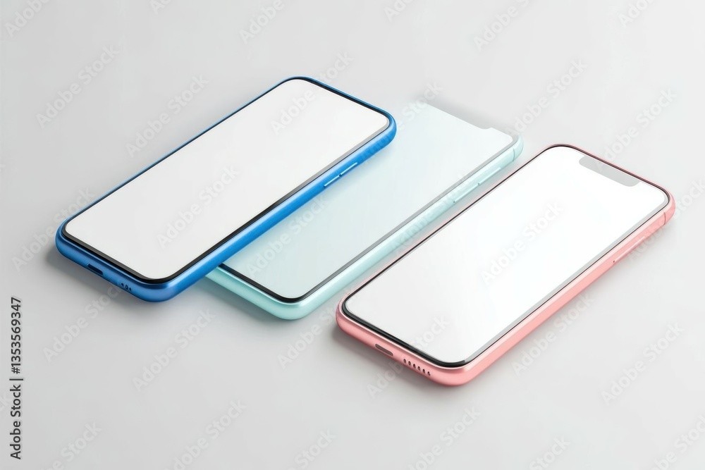 Fototapeta premium Three Smartphones Lay on White Surface, Modern Technology Concept.