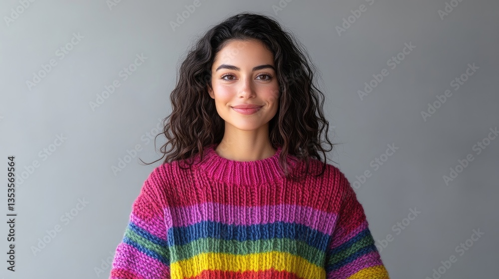Smiling woman in colorful striped sweater Smiling woman in colorful striped sweater