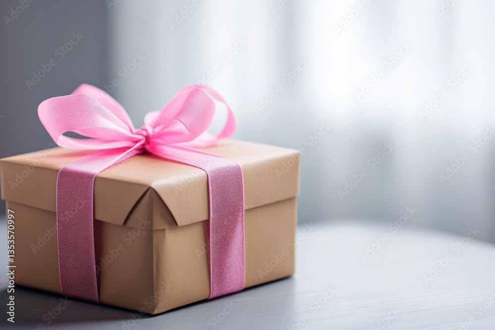 A Gift Box Wrapped in Paper with a Pink Ribbon Bow A Gift Box Wrapped in Paper with a Pink Ribbon Bow