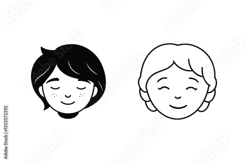Simple Child Icons Boy Girl Faces, Line Art, Cute, Minimalist