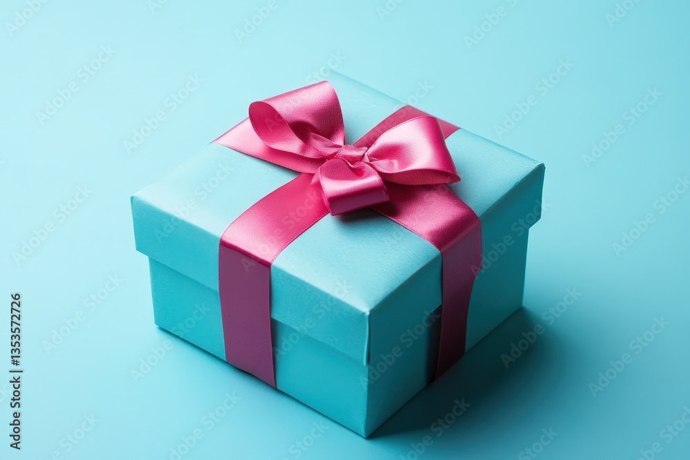 A square teal present box tied with a pink ribbon bow A square teal present box tied with a pink ribbon bow