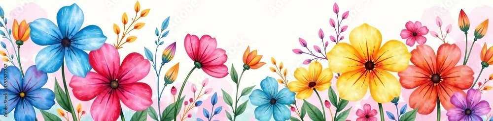 Fototapeta premium Hand painted watercolour flowers in a rainbow of colours for summer vibes, watercolor, colorful, blooming