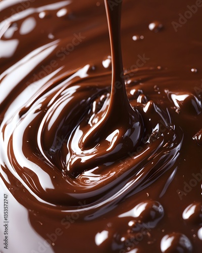 Close-Up of Melted Chocolate Pouring into a White Bowl with Glossy Texture