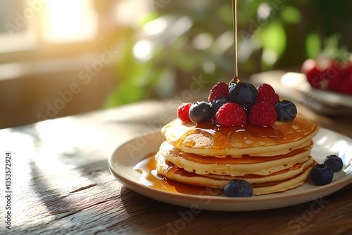 Plate of Golden Pancakes with Fresh Berries and Maple Syrup on a Cozy Wooden Table. 