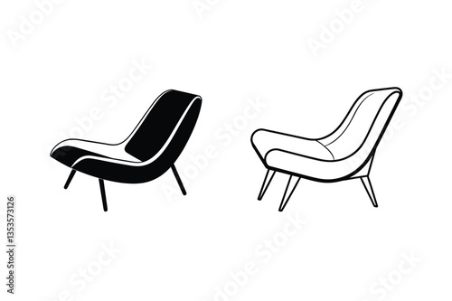 Midcentury modern lounge chair design, minimalist line art illustration