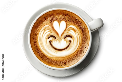 Aerial View of Coffee Cup with Happy Face Foam on White Background. 