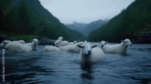 Flock of white sheep crossing a mountain stream