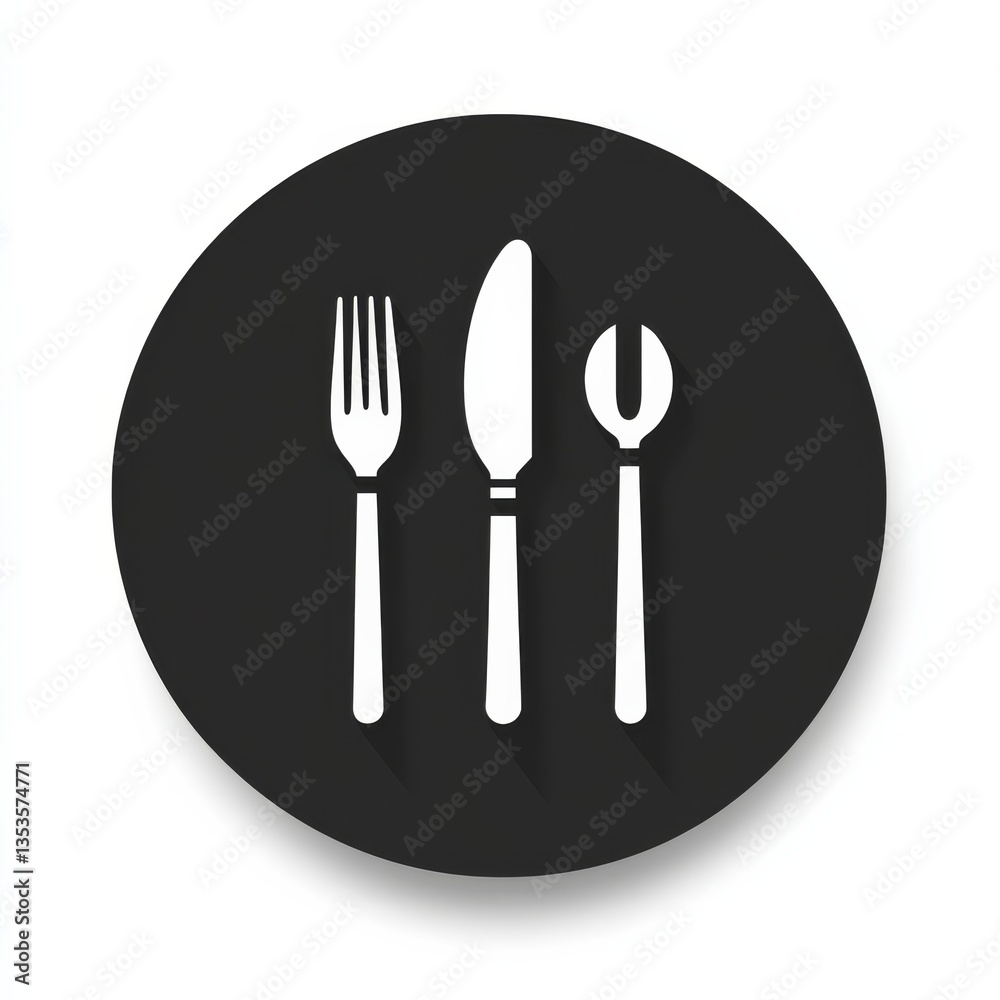 Minimalist Utensils Icon: Fork, Knife, and Spoon in White on a Dark Circle, Shadowed and Isolated on White Minimalist Utensils Icon: Fork, Knife, and Spoon in White on a Dark Circle, Shadowed and Isolated on White