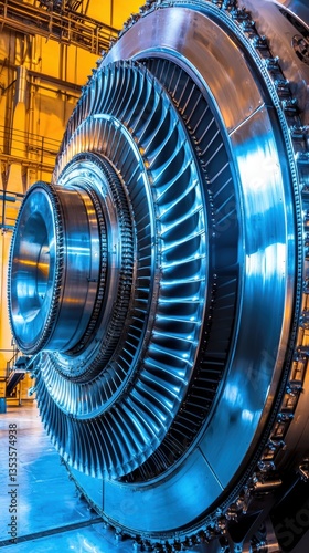 Exploring the massive turbine engine at a power plant, high-resolution image showcasing engineering excellence in industrial environment