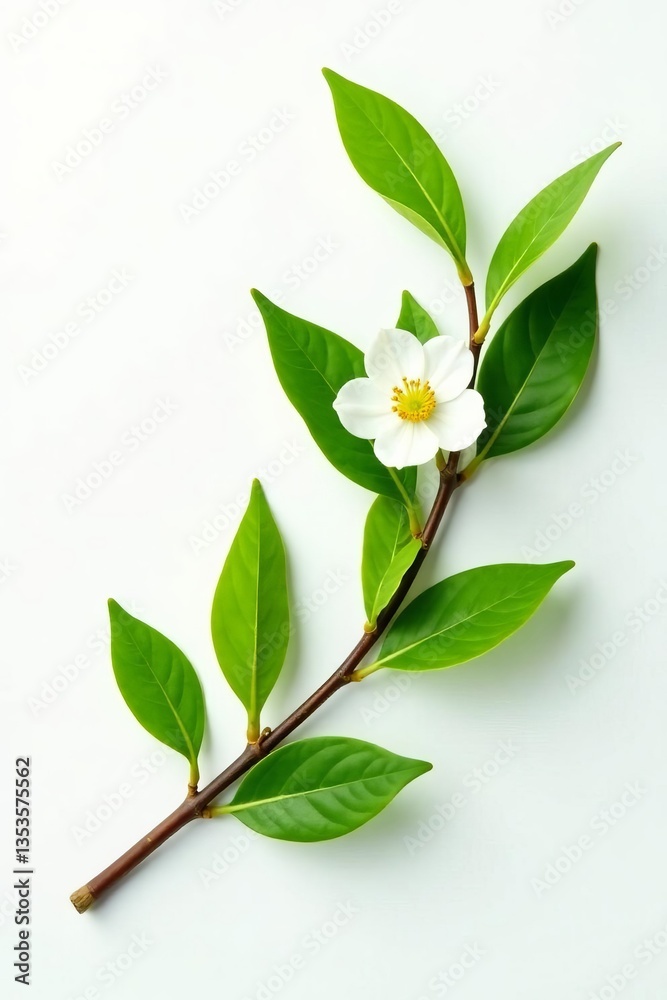 Fototapeta premium Fresh green tea branch with leaves and flowers on white background, botanical, herbal, green
