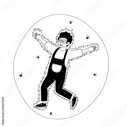 Child playing joyfully in a snowy area making snow angel under a clear sky