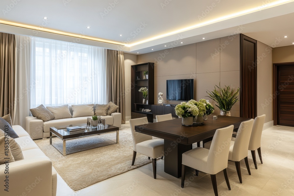 Fototapeta premium Modern Luxury Open-Concept Living and Dining Area with Neutral Tones and Elegant Decor