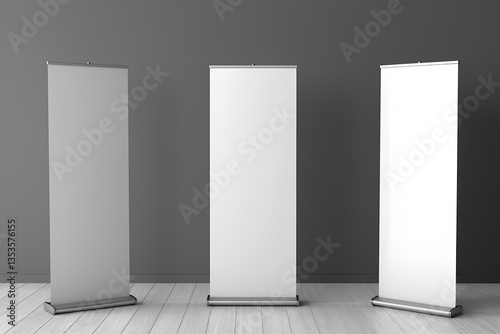 three Standee Rollup Banner Mockup isolated on grey background, realistic 3d render