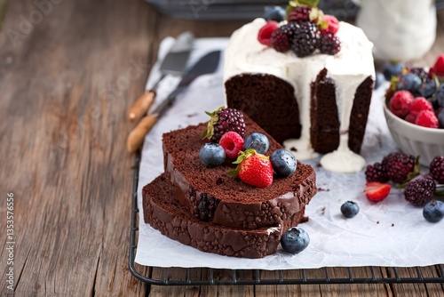 Wallpaper Mural Chocolate loaf cake sliced decorated with frosting and berries Torontodigital.ca