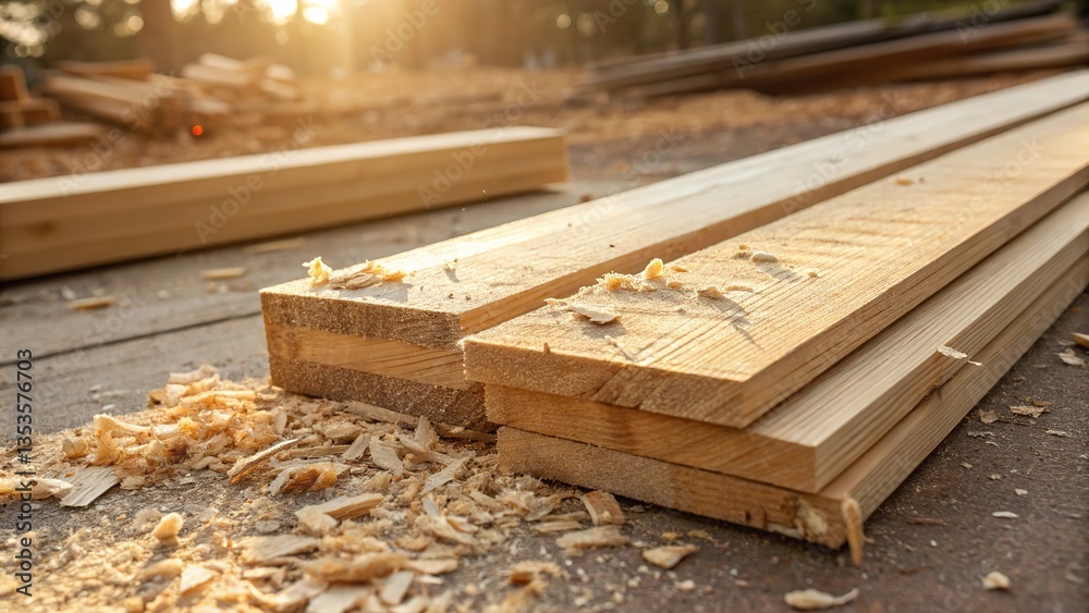 Stack of Wooden Planks with Sawdust: Construction and Carpentry Stack of Wooden Planks with Sawdust: Construction and Carpentry