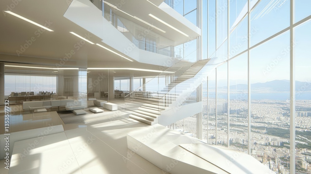 Obraz premium Modern Office Interior Design Showcases City Views with Contemporary Furniture and Minimalist Architecture with Bright and Airy Atmosphere.