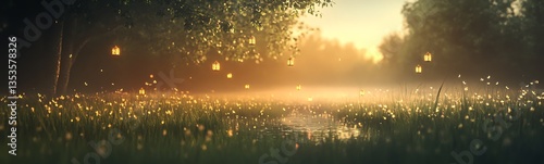 Serene landscape with golden light reflecting on water and dew-kissed grass.