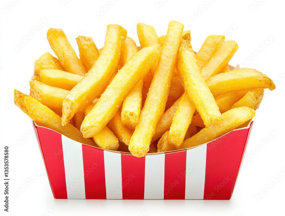 Delicious Golden French Fries in a Red and White Striped Carton Crispy Potato Fries Ready to Eat Delicious Golden French Fries in a Red and White Striped Carton Crispy Potato Fries Ready to Eat