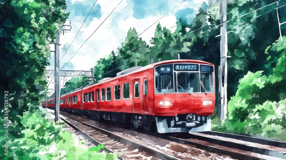 Obraz premium Serene Watercolor Painting of a Red Train Journeying Through Lush Green Foliage Under a Summer Sky