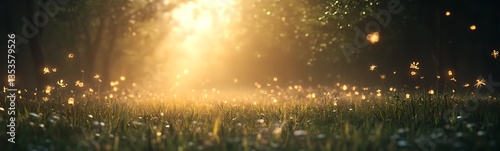 A serene forest scene bathed in golden light, with sparkling dew on grass.