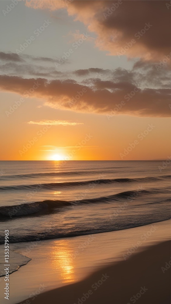 Fototapeta premium A tranquil beach at sunset, with the sun casting golden hues over gentle waves - 3